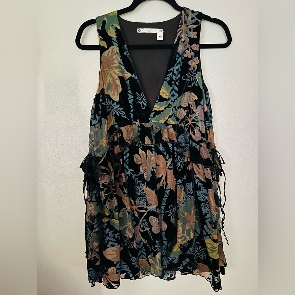 Chelsea & Violet Velvet Burnout Dark Floral Swing Mini Dress XS Fairy Goth Boho - Picture 2 of 9